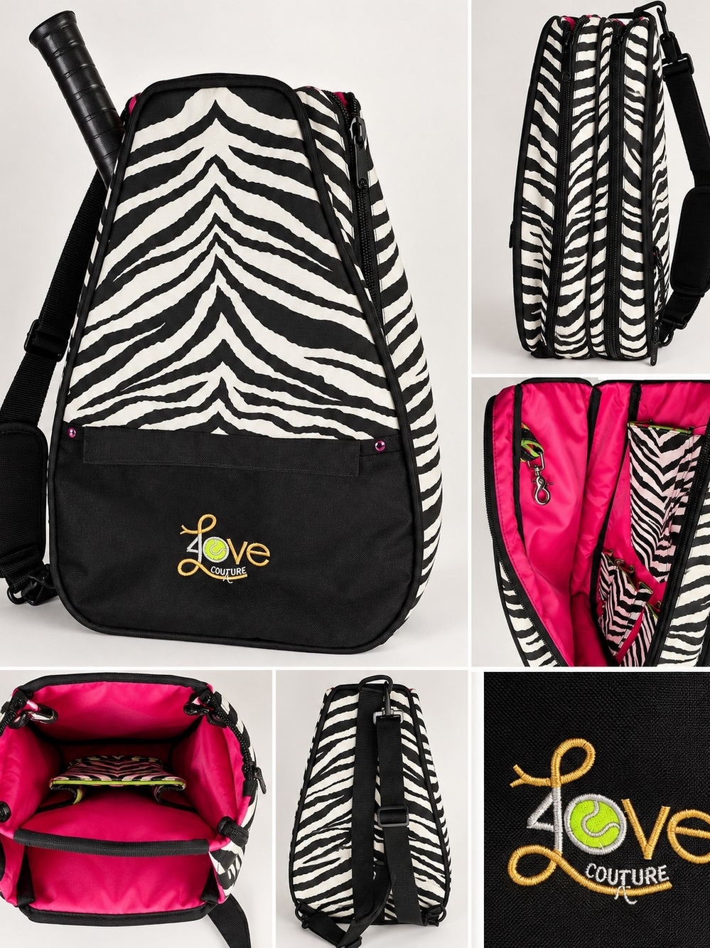 40 Love Couture Zebra Tennis Racquet Bag Black White Hot Pink Multi Compartment